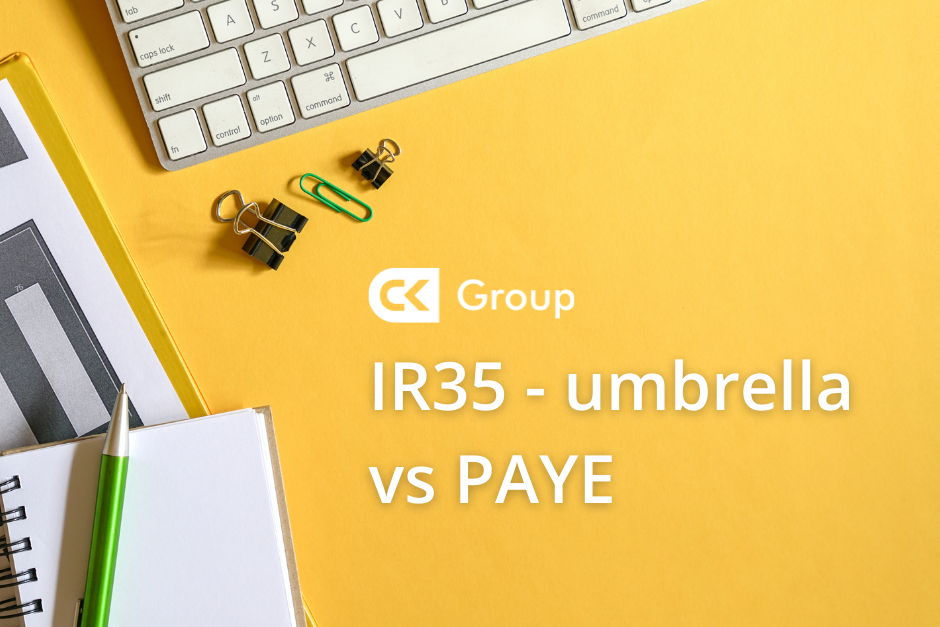 A desk with keyboard and paper and IR35 writing