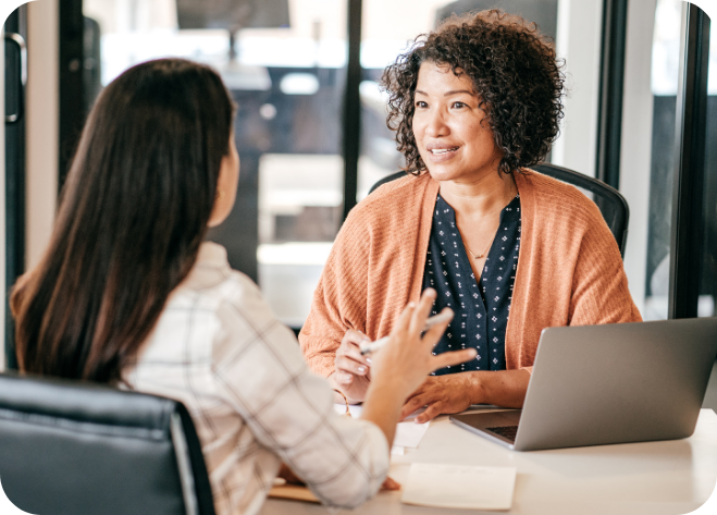 female interviewer at a biotechnology company